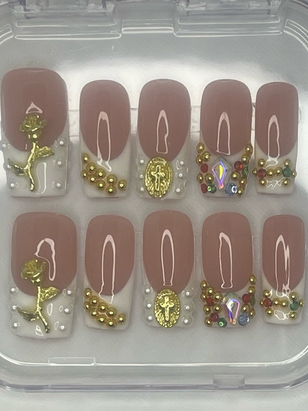Nude Pink Handmade Press-On Nails with Gold Charms & Rhinestones